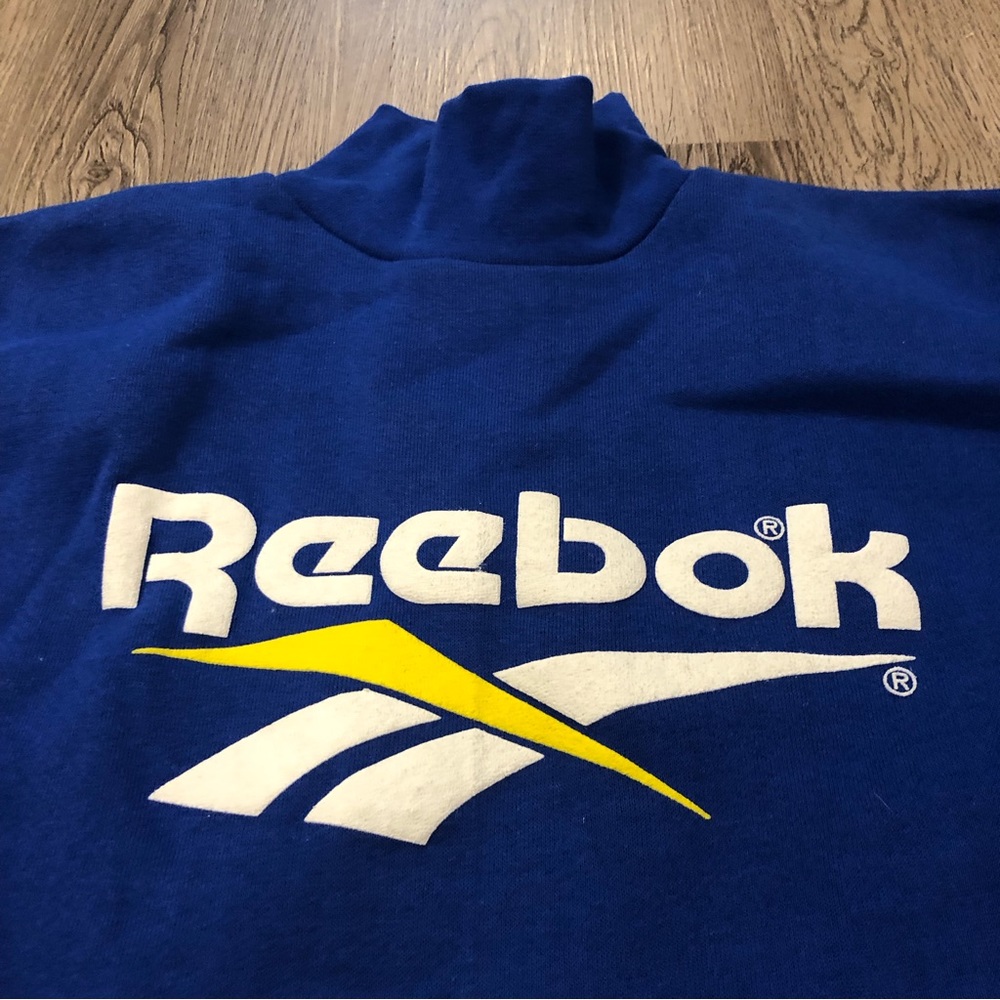 Vtg Y2K Reebok Mock Neck Sweatshirt Blue Yellow Logo Kid’s 10/12 Made‎ In USA - Picture 2 of 4